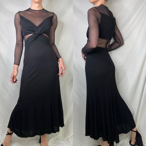 Cache Tadashi sheer illusion maxi dress vintage 90s Y2K mesh long sleeve gown S - Picture 14 of 14